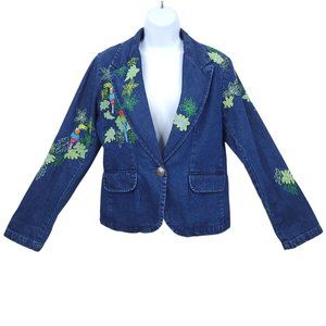 Carrie Allen Denim Embroidered Single Button Jacket Womens L Parrots Floral Bird